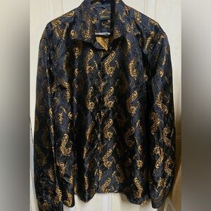 Dibangu Mens Button Down Paisley Dress Shirt Silk Long Sleeve Soft XXXL Blk/Gold
